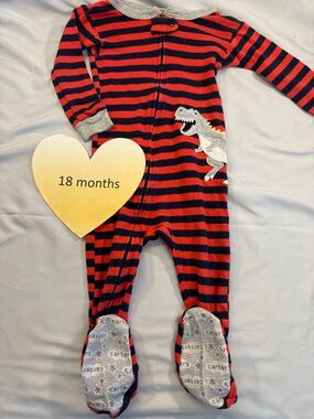 Carter's - Red and Navy Striped Onesie Sleeper with Dinosaur design